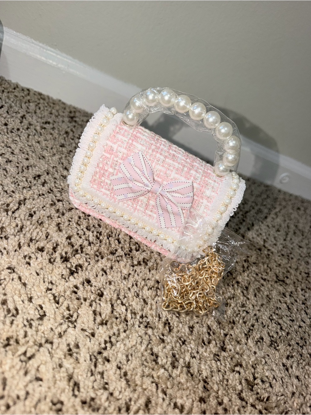 Pearl-Handle Pink Tweed Mini Bow Bag